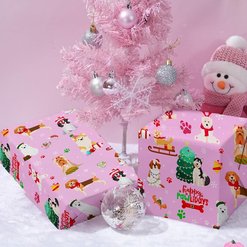 Cuitpan Pink Dog Christmas Wrapping Paper - Xmas Gift Wrap with Christmas Trees, Dog Breeds, Paw Prints & Snowflakes Design- Perfect for Kids & Adults Gift Wrapping - 40×28 Inches, 4 Folded Sheets - Image 5